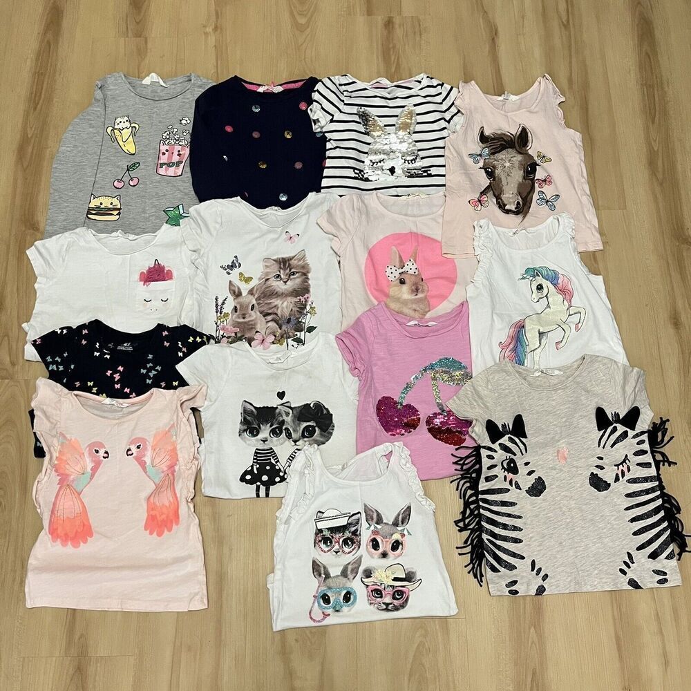 H&M Lot of 14 Girls Tank Tops T-Shirts Sequins Bunny Unicorn Horse Cat Size 4-6